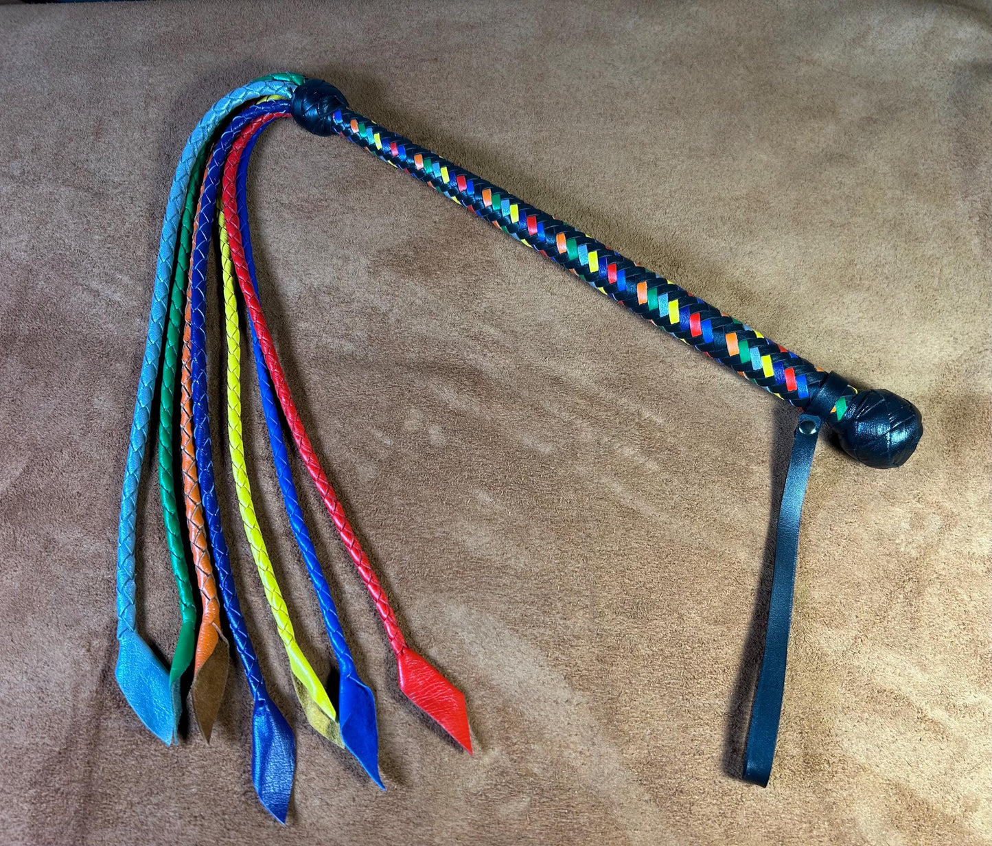 Long Handle Rainbow Flogger - Braided Falls - Cat O Seven Tails - 37 Inches