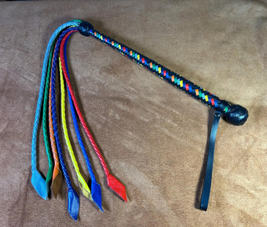 Long Handle Rainbow Flogger - Braided Falls - Cat O Seven Tails - 37 Inches