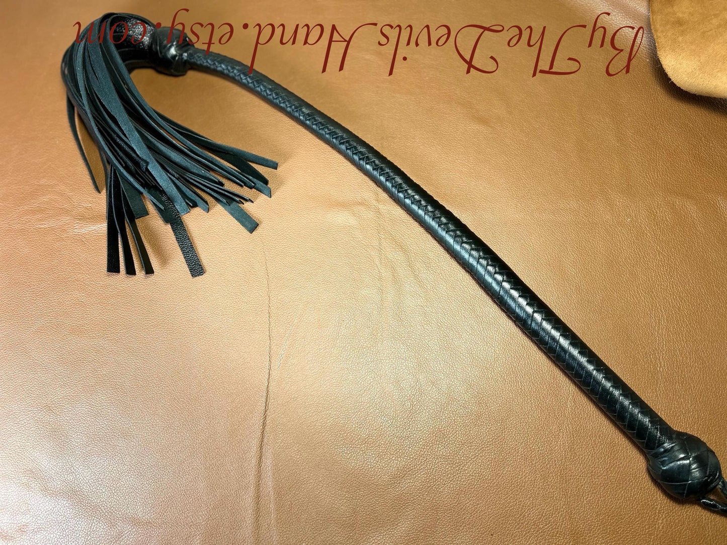 Lollipop Flogger - Long Handle Black Satin - Lush Rich Color Leather - 34 Inches