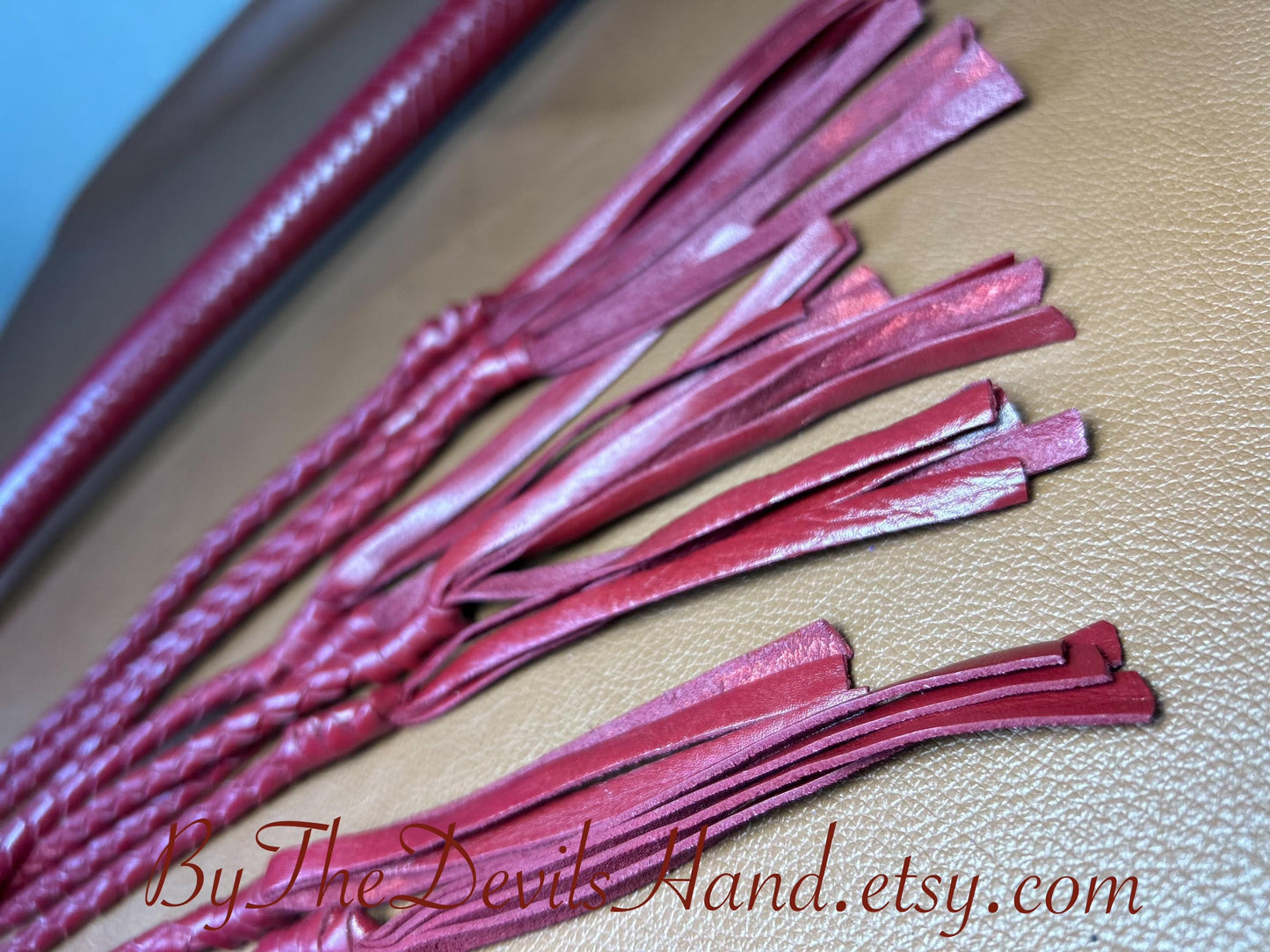 Cat Of Nine Tails  Long Handle  Aztec Red  Lush Rich Color Leather  39 Inches  Cat O Nine Tails