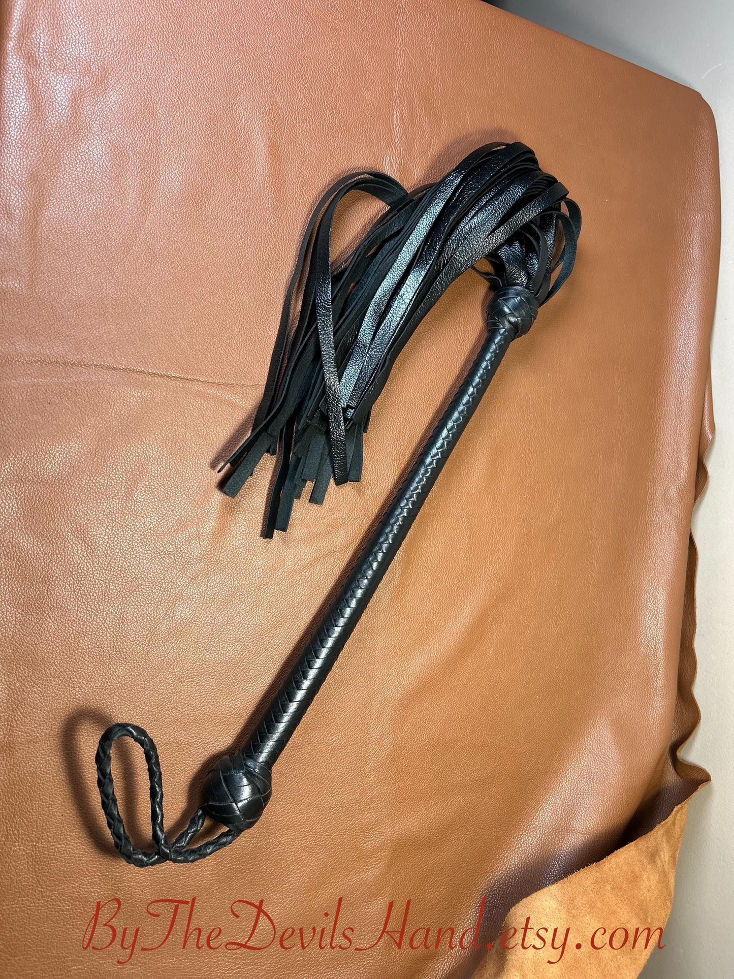 The Opus Flogger  Long Handle  Long Falls  Black Satin  Lush Rich Color Leather  34 Inches
