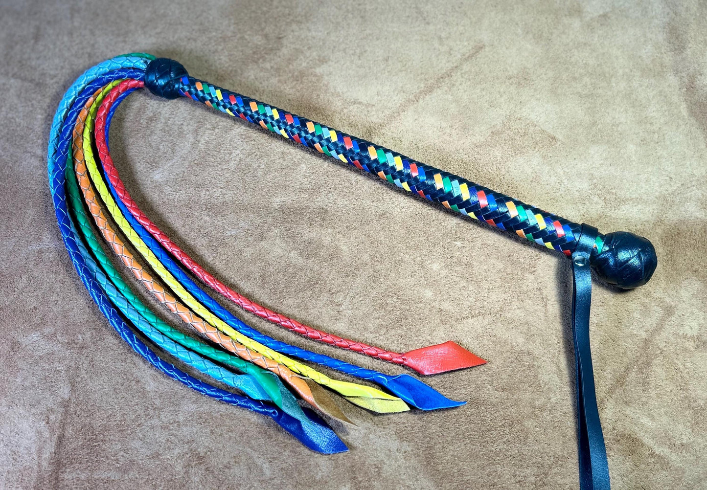 Long Handle Rainbow Flogger - Braided Falls - Cat O Seven Tails - 37 Inches