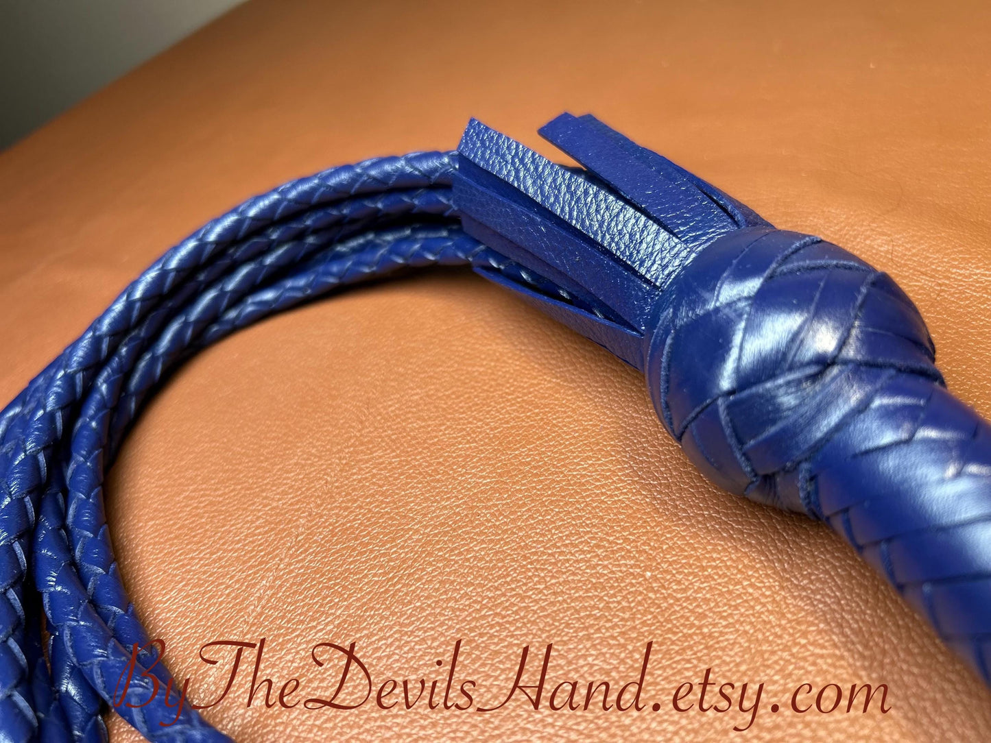 Cat Of Nine Tails  Short Handle  Midnight Blue  Lush Rich Color Leather  30 Inches  Cat O Nine Tails
