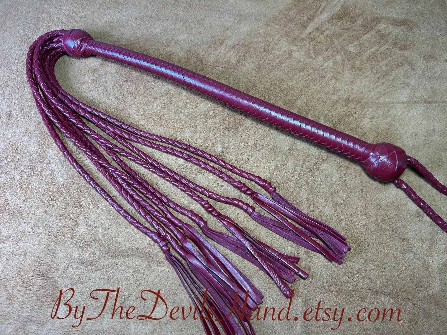 Cat Of Nine Tails  Long Handle  Aztec Red  Lush Rich Color Leather  39 Inches  Cat O Nine Tails
