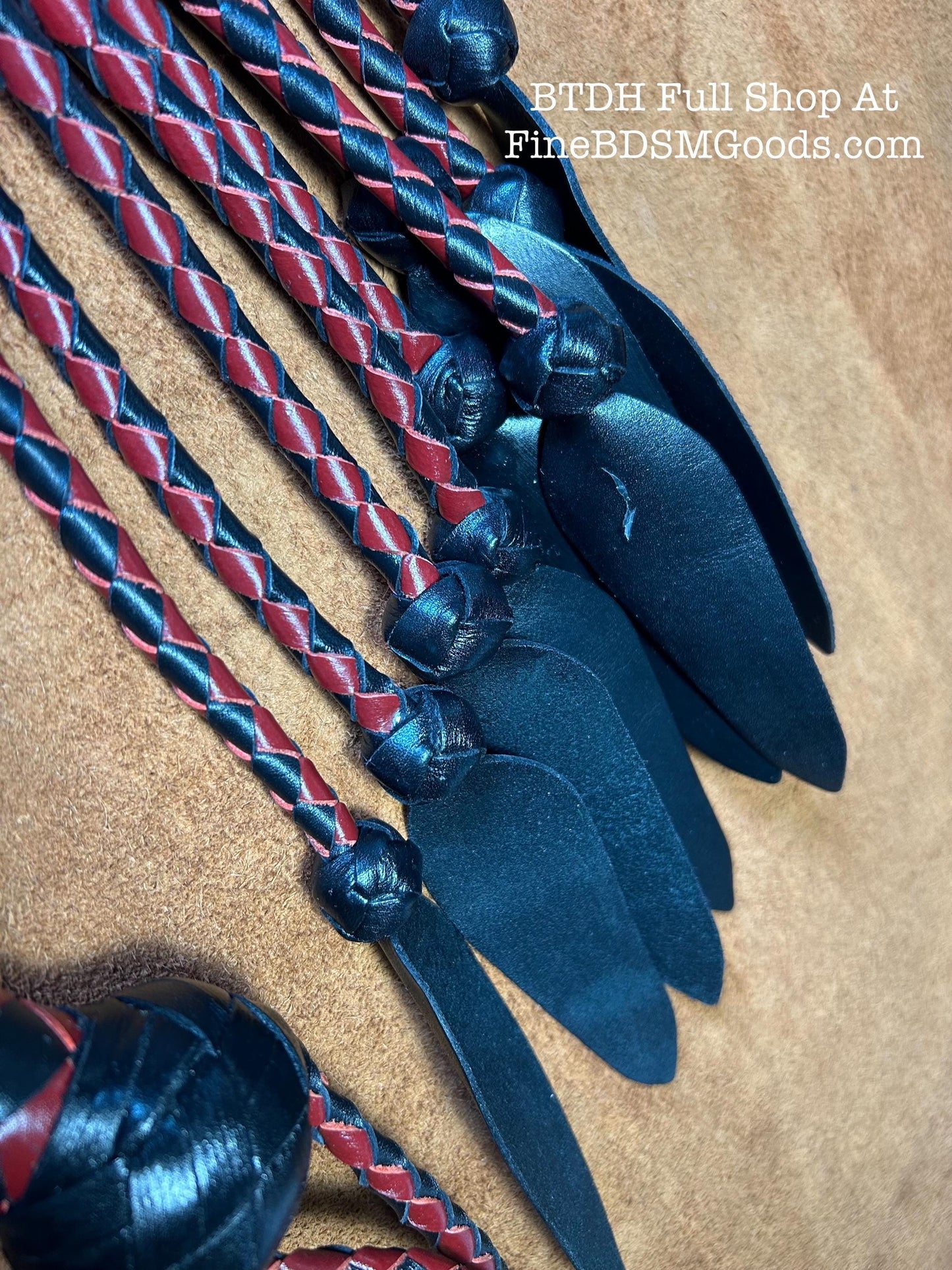 Dagger Tip Flogger  Two Color Aztec Red Black Satin  Cat O Nine Tails  Wide Spade Shaped Tips  32 Inches