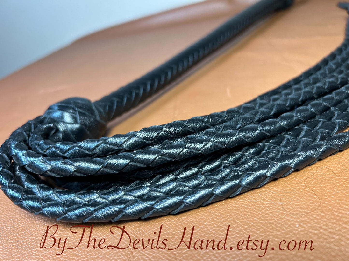 Cat Of Nine Tails  Long Handle  Black Satin  Lush Rich Color Leather  39 Inches  Cat O Nine Tails
