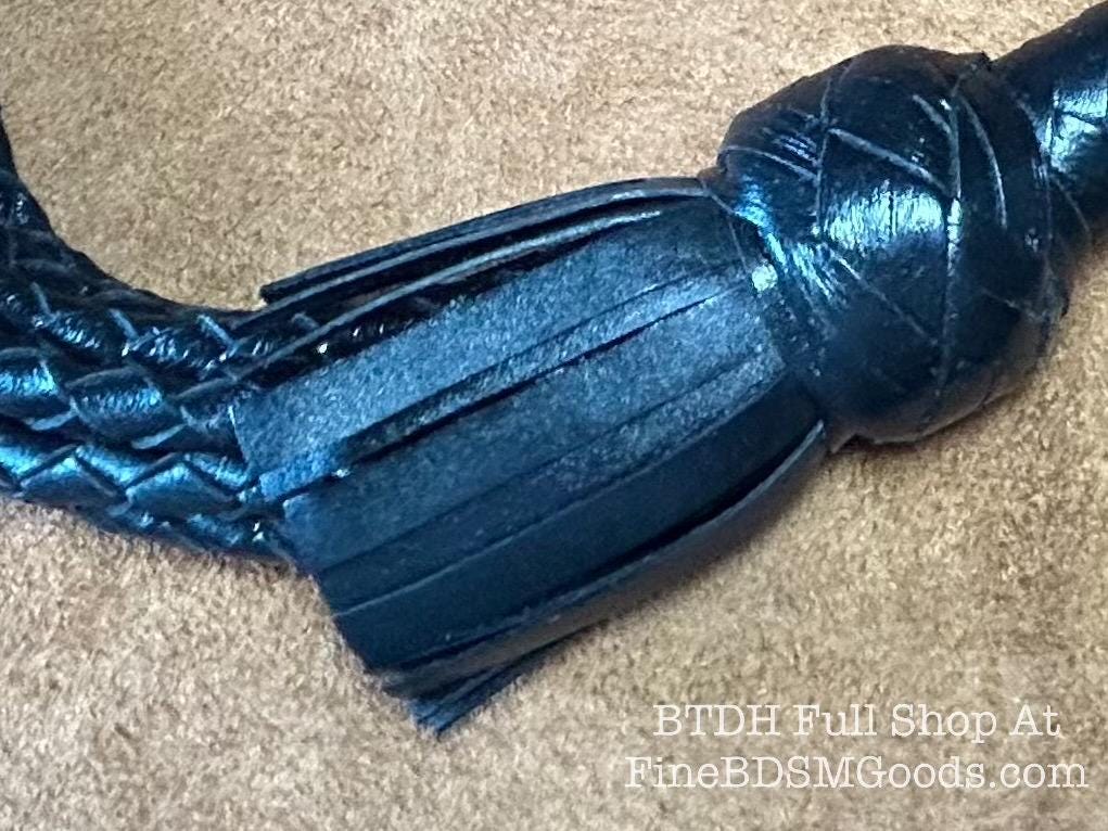 Cat Of Nine Tails  Short Handle  Black Satin  Lush Rich Color Leather  30 Inches  Cat O Nine Tails