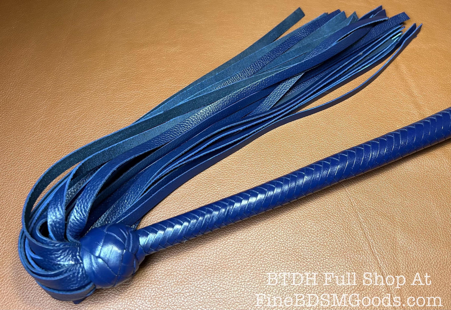 The Opus Flogger  Long Handle  Long Falls  Midnight Blue  Lush Rich Color Leather  34 Inches