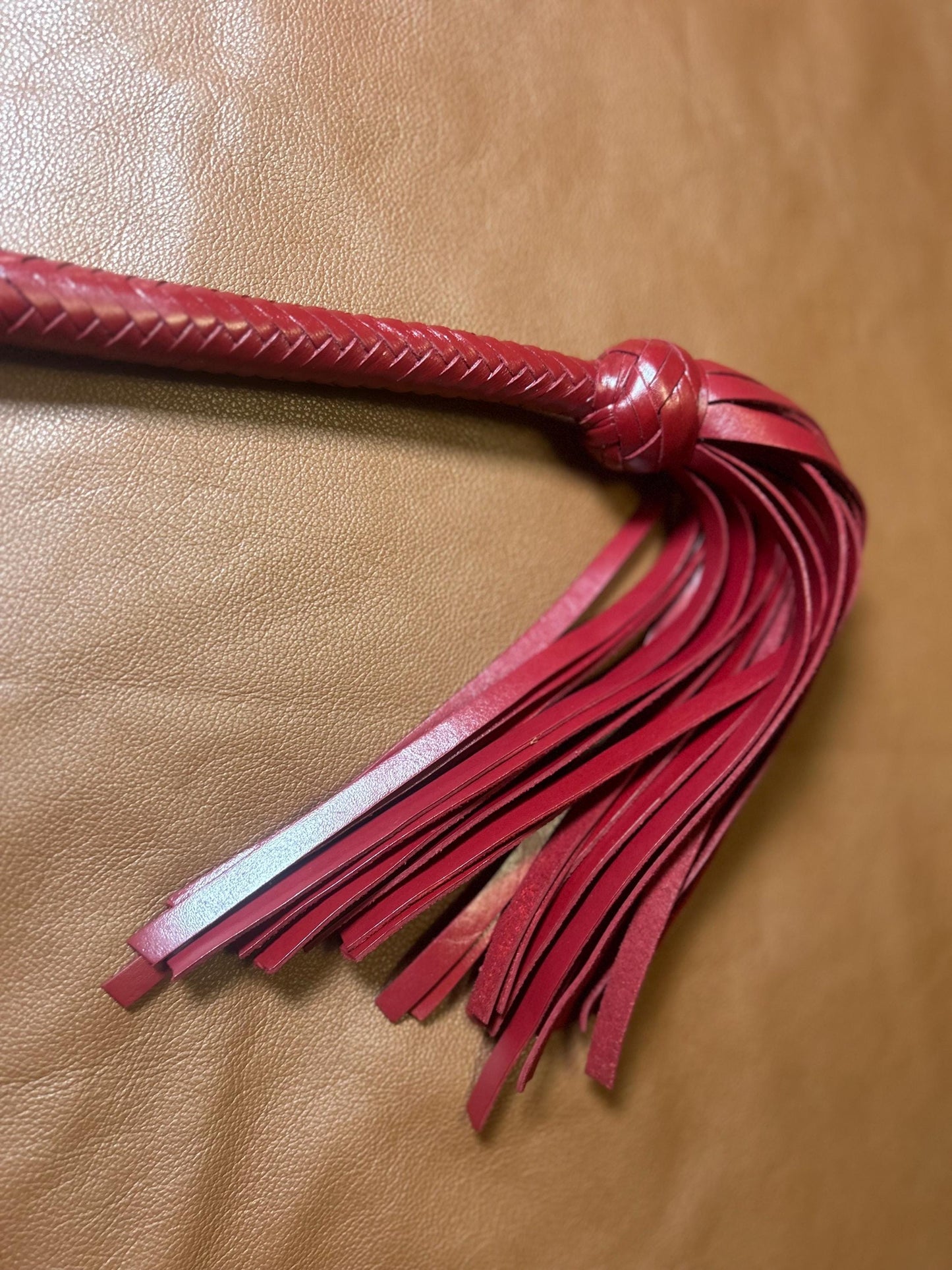Lollipop Flogger - Long Handle Aztec Red - Lush Rich Color Leather - 34 Inches