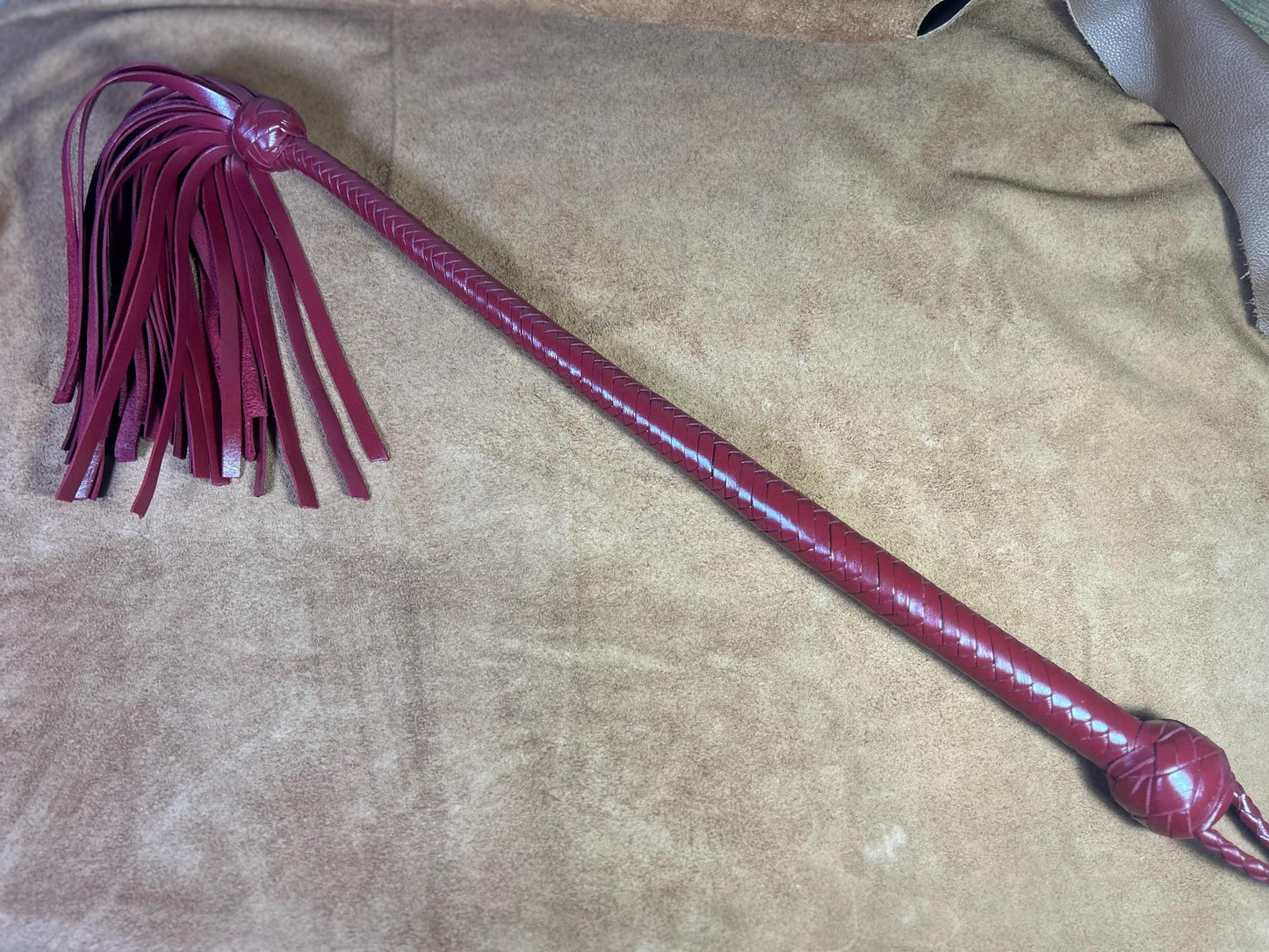 Lollipop Flogger - Long Handle Aztec Red - Lush Rich Color Leather - 34 Inches