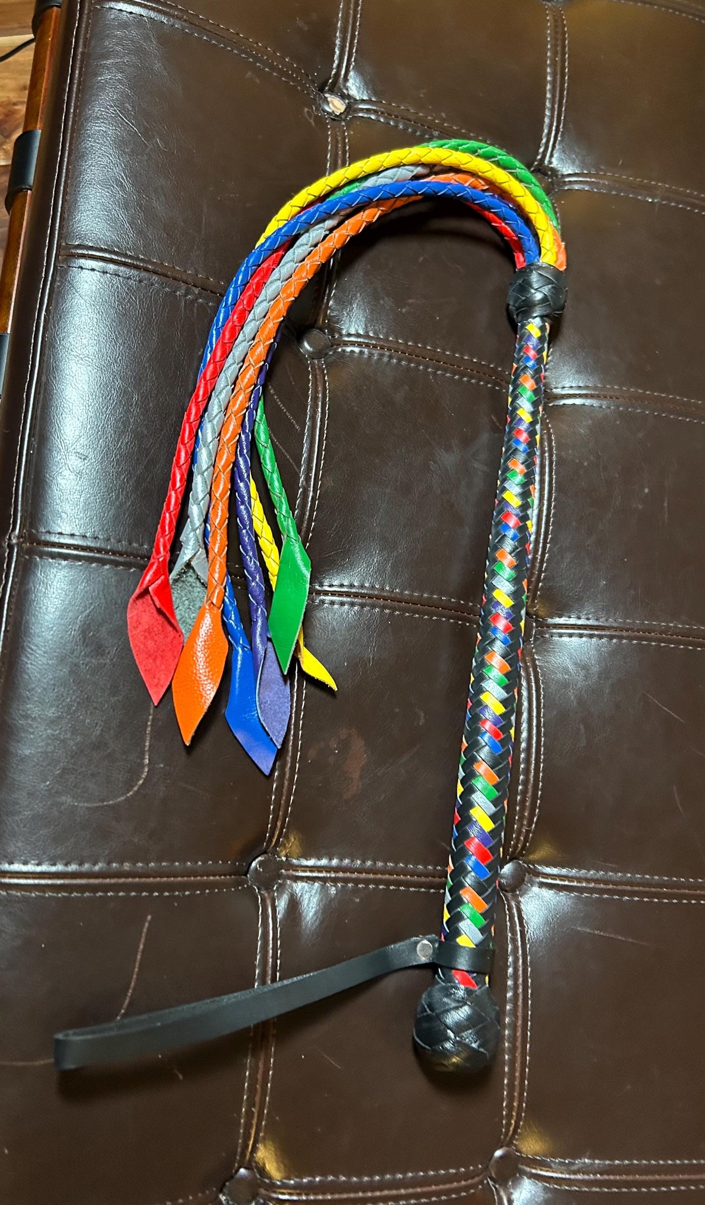 Long Handle Rainbow Flogger - Braided Falls - Cat O Seven Tails - 37 Inches