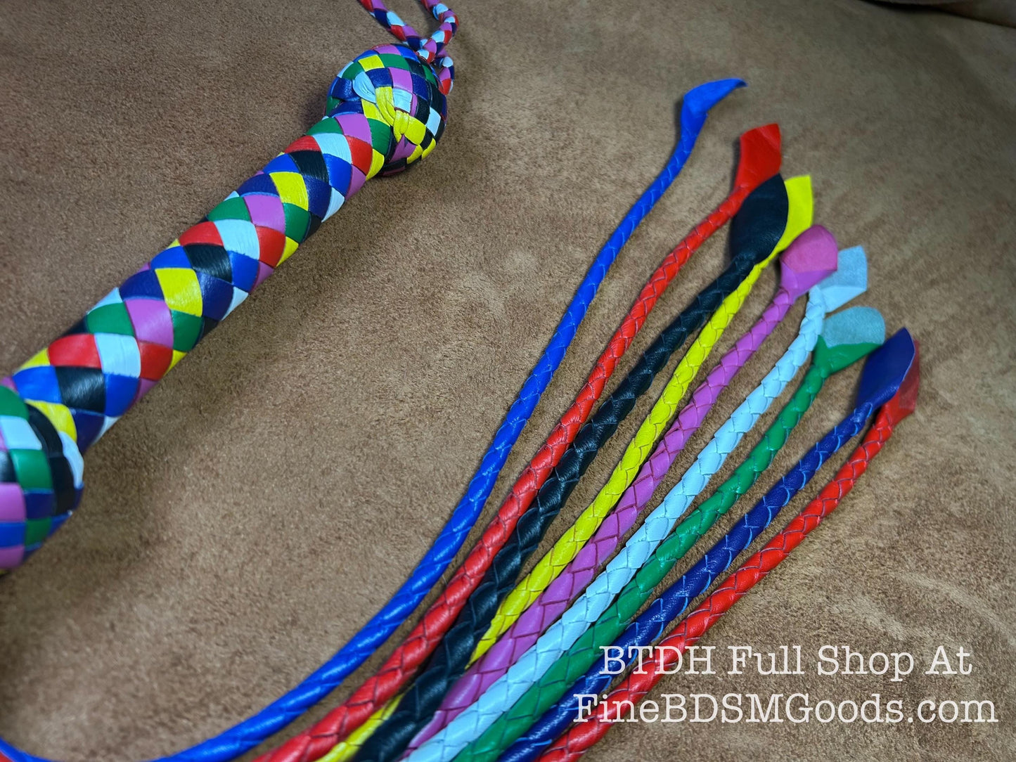 Cat Of Nine Tails  Short Handle  Rainbow  Vibrant Leather Colors  30 Inches  Cat O Nine Tails