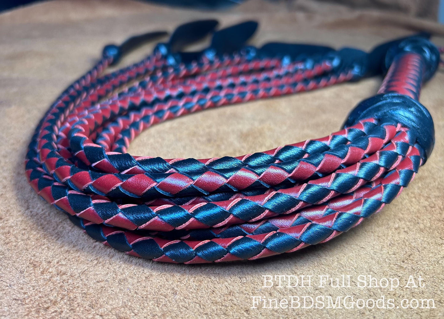 Dagger Tip Flogger  Two Color Aztec Red Black Satin  Cat O Nine Tails  Wide Spade Shaped Tips  32 Inches