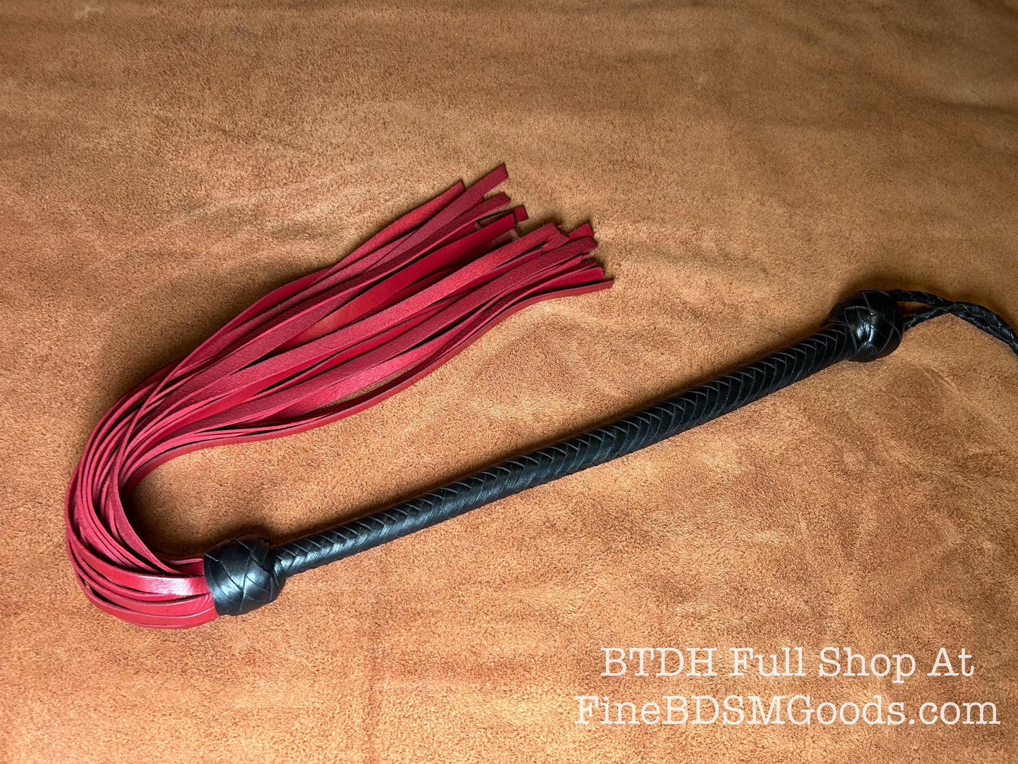 The Opus Flogger  Two Color Long Handle  Long Falls  Black Satin Aztec Red  Lush Rich Color Leather  34 Inches