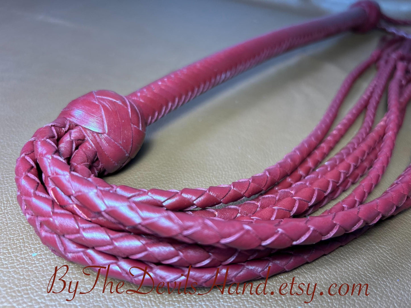 Cat Of Nine Tails  Long Handle  Aztec Red  Lush Rich Color Leather  39 Inches  Cat O Nine Tails