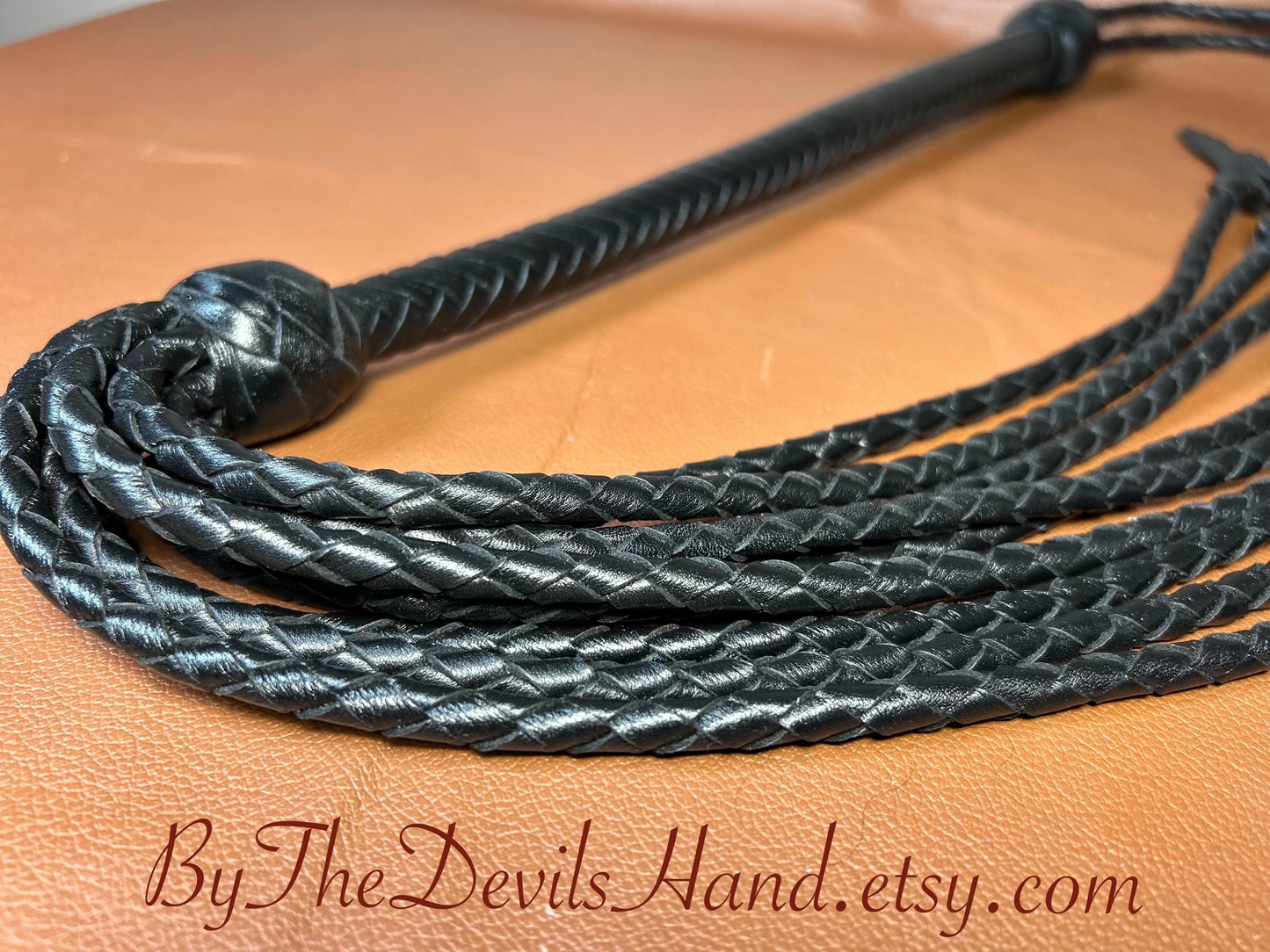 Cat Of Nine Tails  Long Handle  Black Satin  Lush Rich Color Leather  39 Inches  Cat O Nine Tails