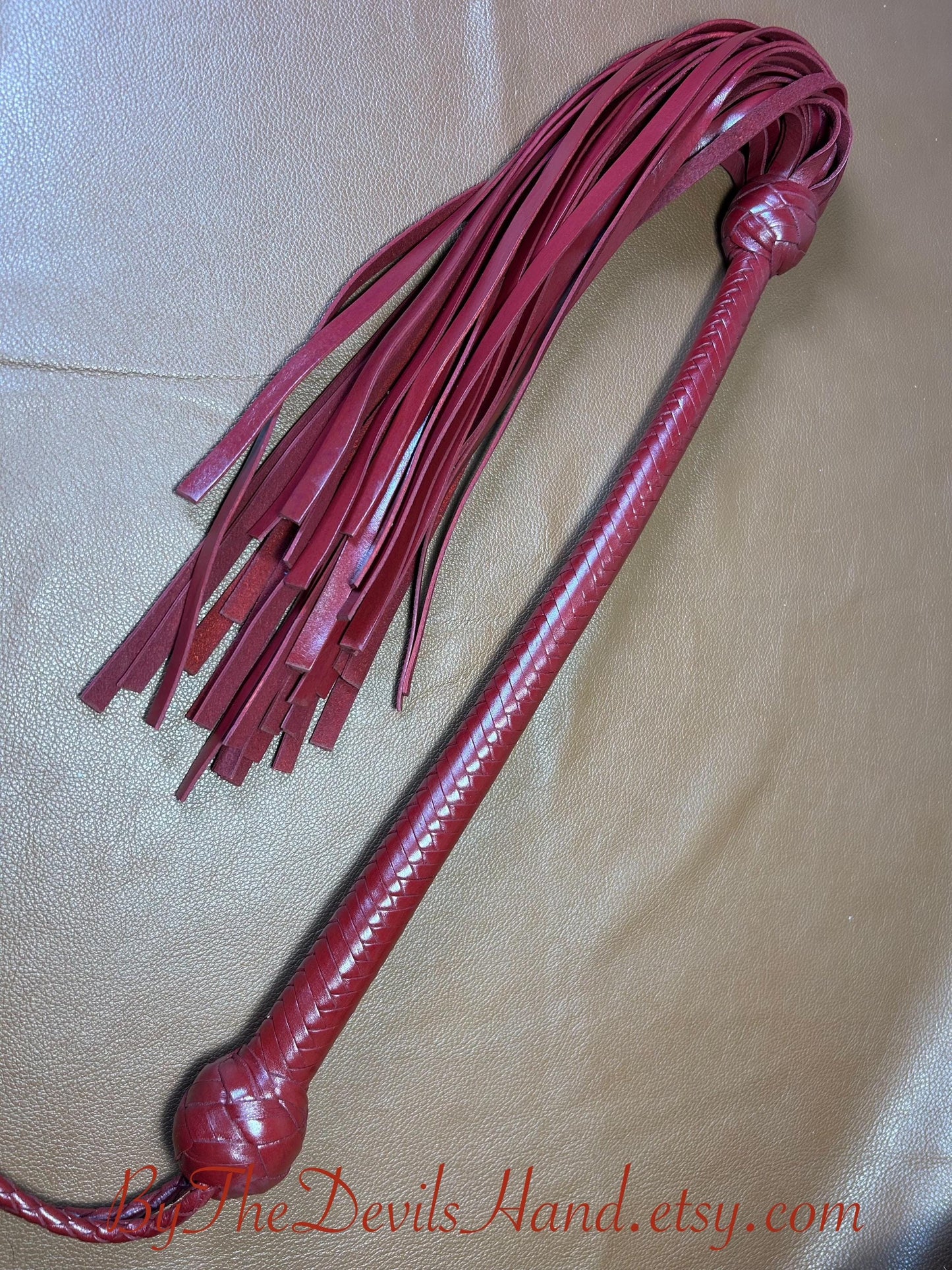 The Opus Flogger  Long Handle  Long Falls  Aztec Red  Lush Rich Color Leather  34 Inches