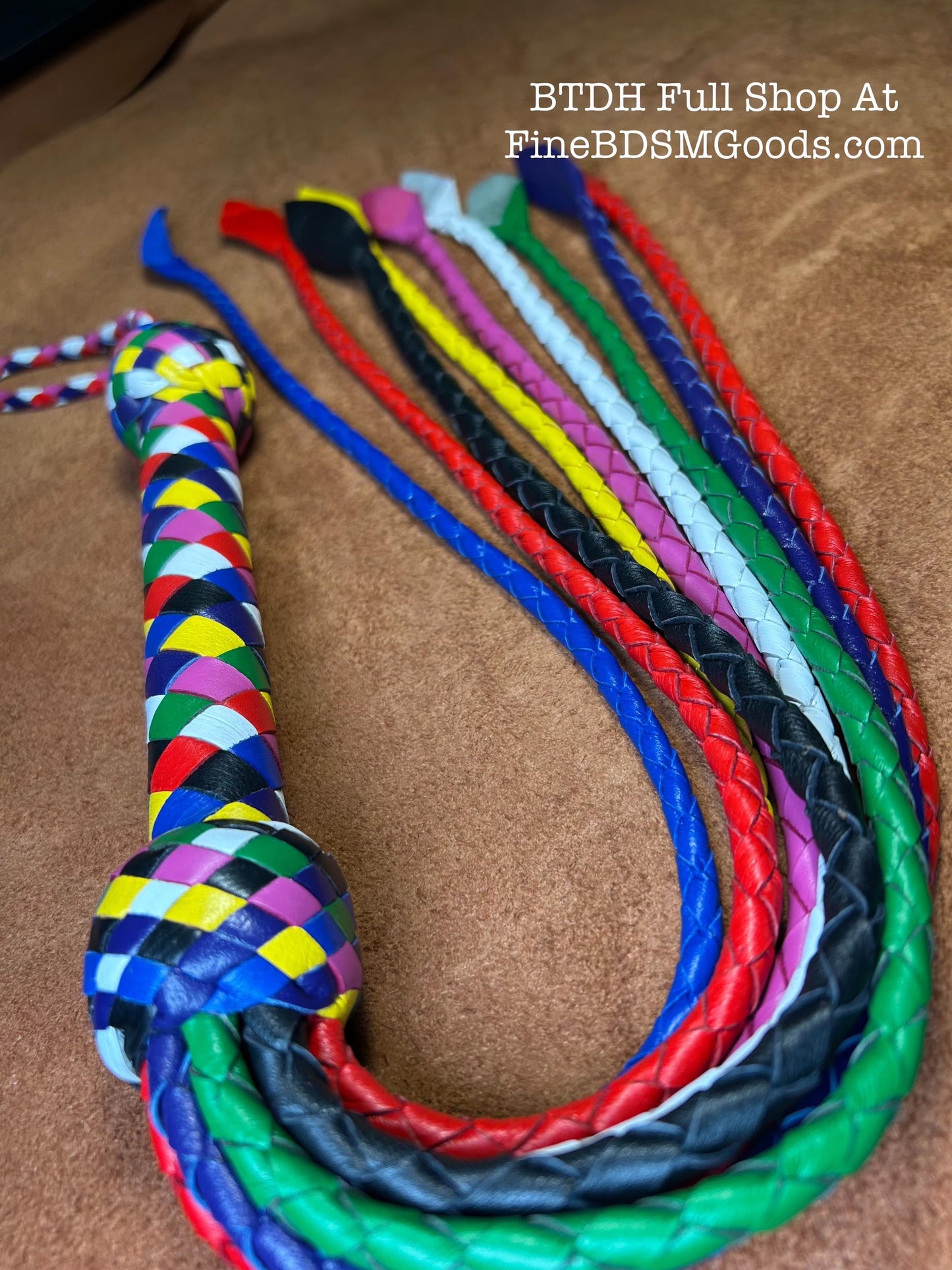 Cat Of Nine Tails  Short Handle  Rainbow  Vibrant Leather Colors  30 Inches  Cat O Nine Tails