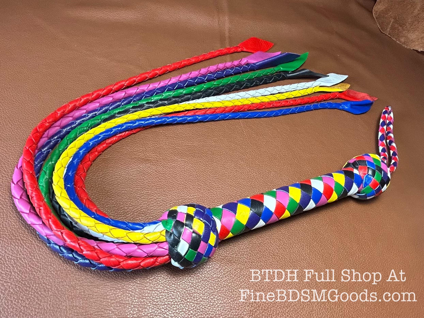 Cat Of Nine Tails  Short Handle  Rainbow  Vibrant Leather Colors  30 Inches  Cat O Nine Tails