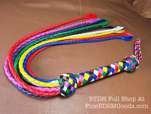Cat Of Nine Tails  Short Handle  Rainbow  Vibrant Leather Colors  30 Inches  Cat O Nine Tails