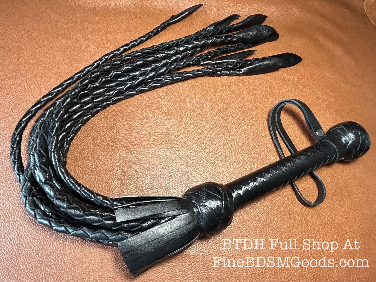 Cat Of Nine Tails  Short Handle  Black Satin  Lush Rich Color Leather  30 Inches  Cat O Nine Tails