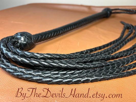Cat Of Nine Tails  Long Handle  Black Satin  Lush Rich Color Leather  39 Inches  Cat O Nine Tails