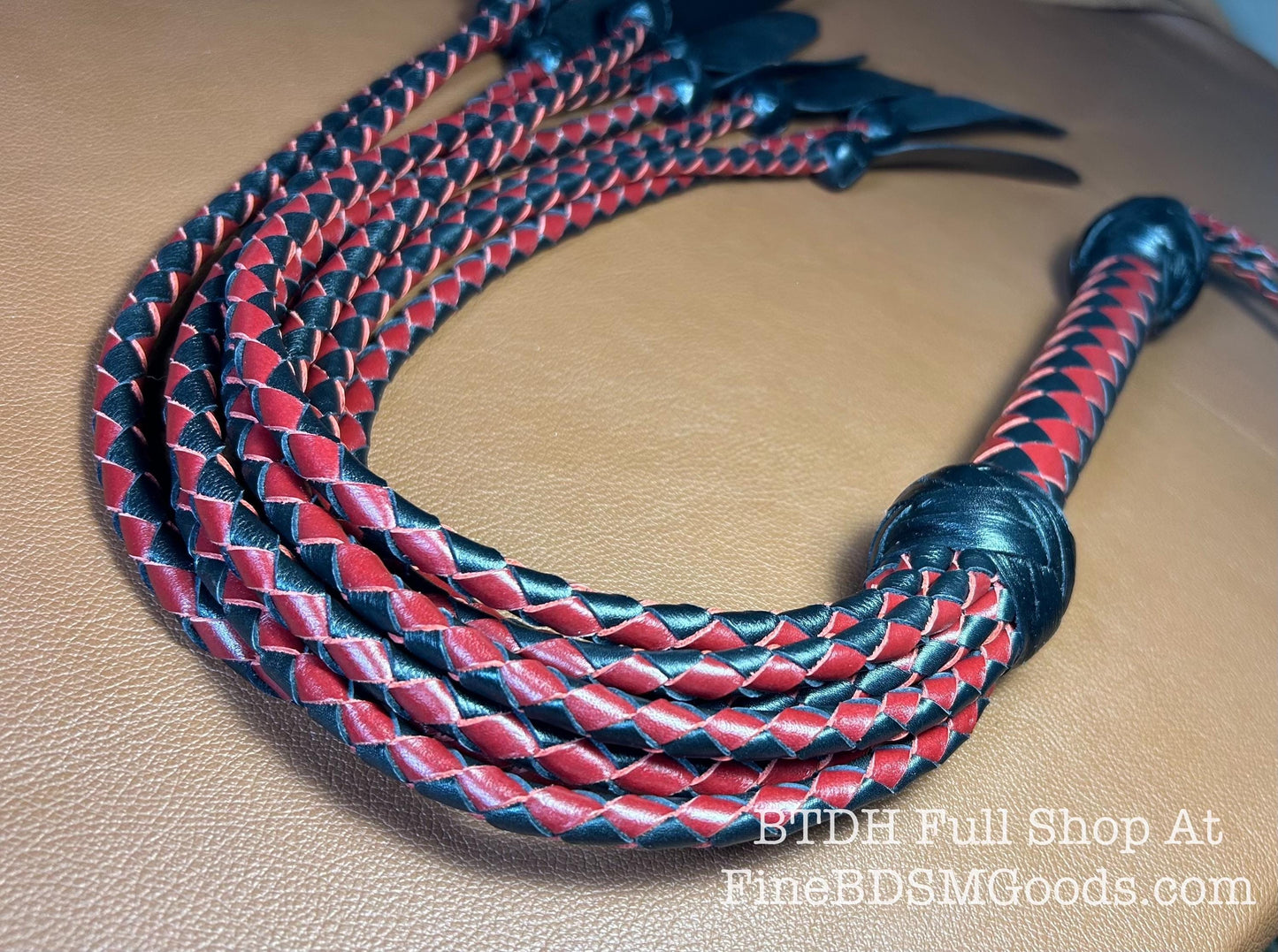 Dagger Tip Flogger  Two Color Aztec Red Black Satin  Cat O Nine Tails  Wide Spade Shaped Tips  32 Inches