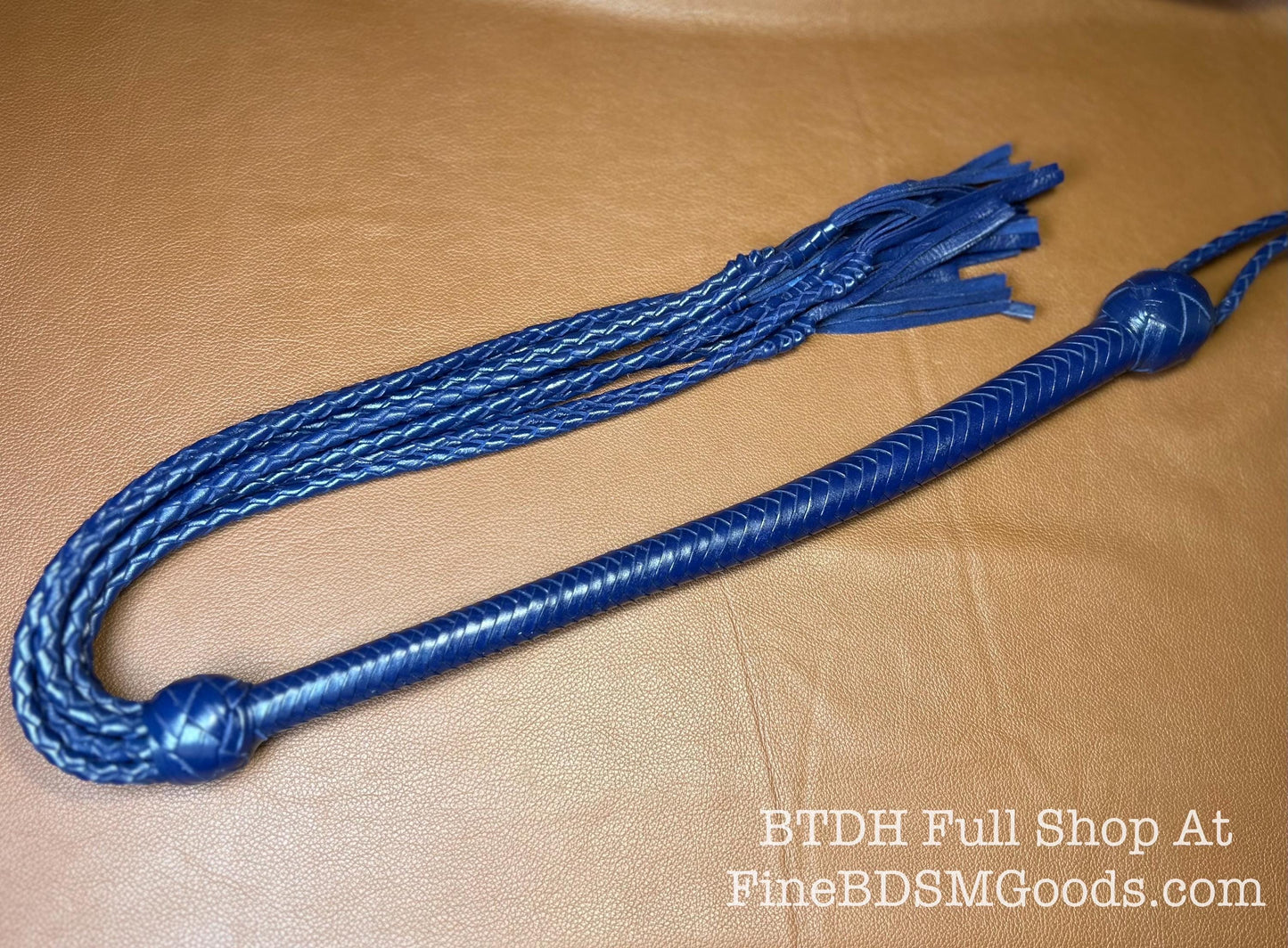Cat Of Nine Tails  Long Handle  Midnight Blue  Lush Rich Color Leather  39 Inches  Cat O Nine Tails