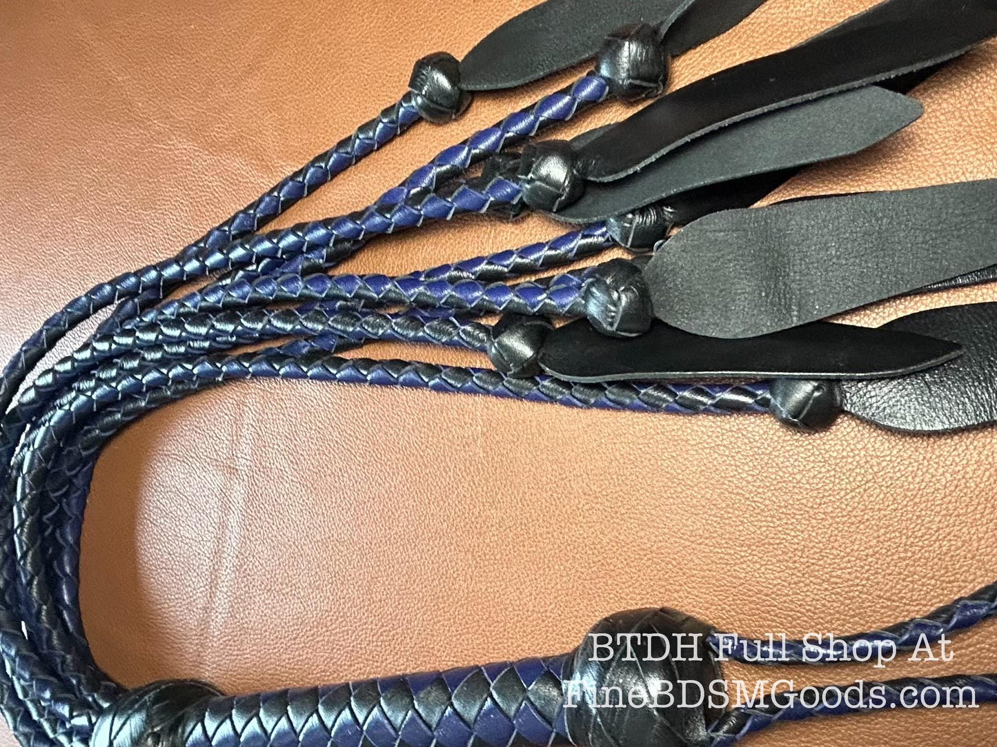 Dagger Tip Flogger  Two Color Midnight Blue Black Satin  Cat O Nine Tails  Wide Spade Shaped Tips  32 Inches