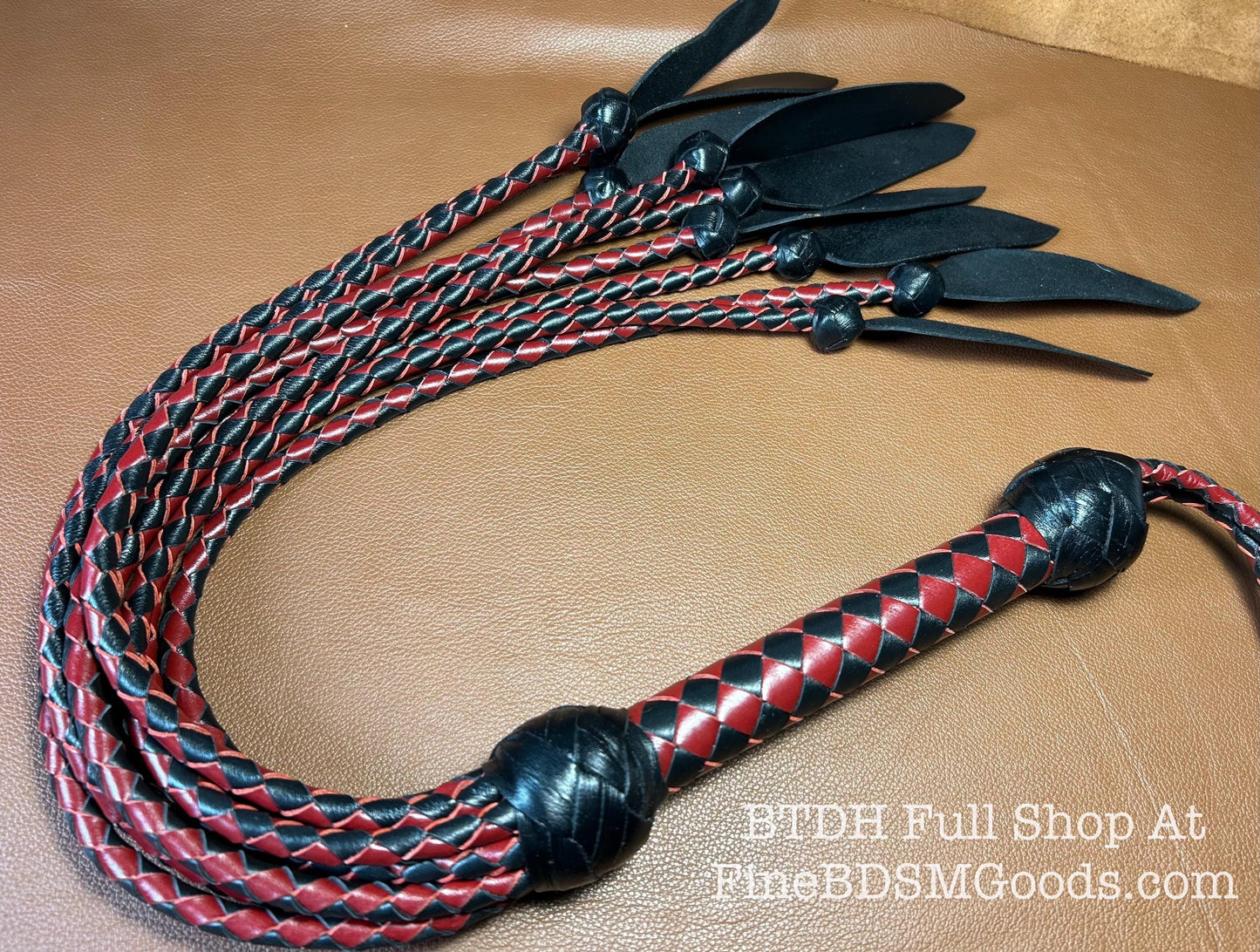 Dagger Tip Flogger  Two Color Aztec Red Black Satin  Cat O Nine Tails  Wide Spade Shaped Tips  32 Inches