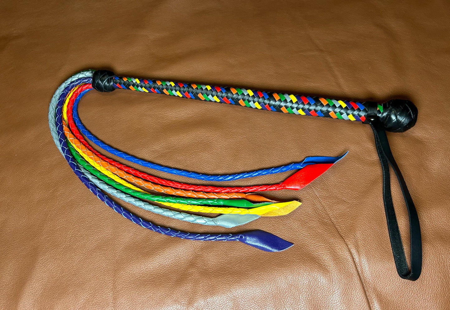 Long Handle Rainbow Flogger - Braided Falls - Cat O Seven Tails - 37 Inches