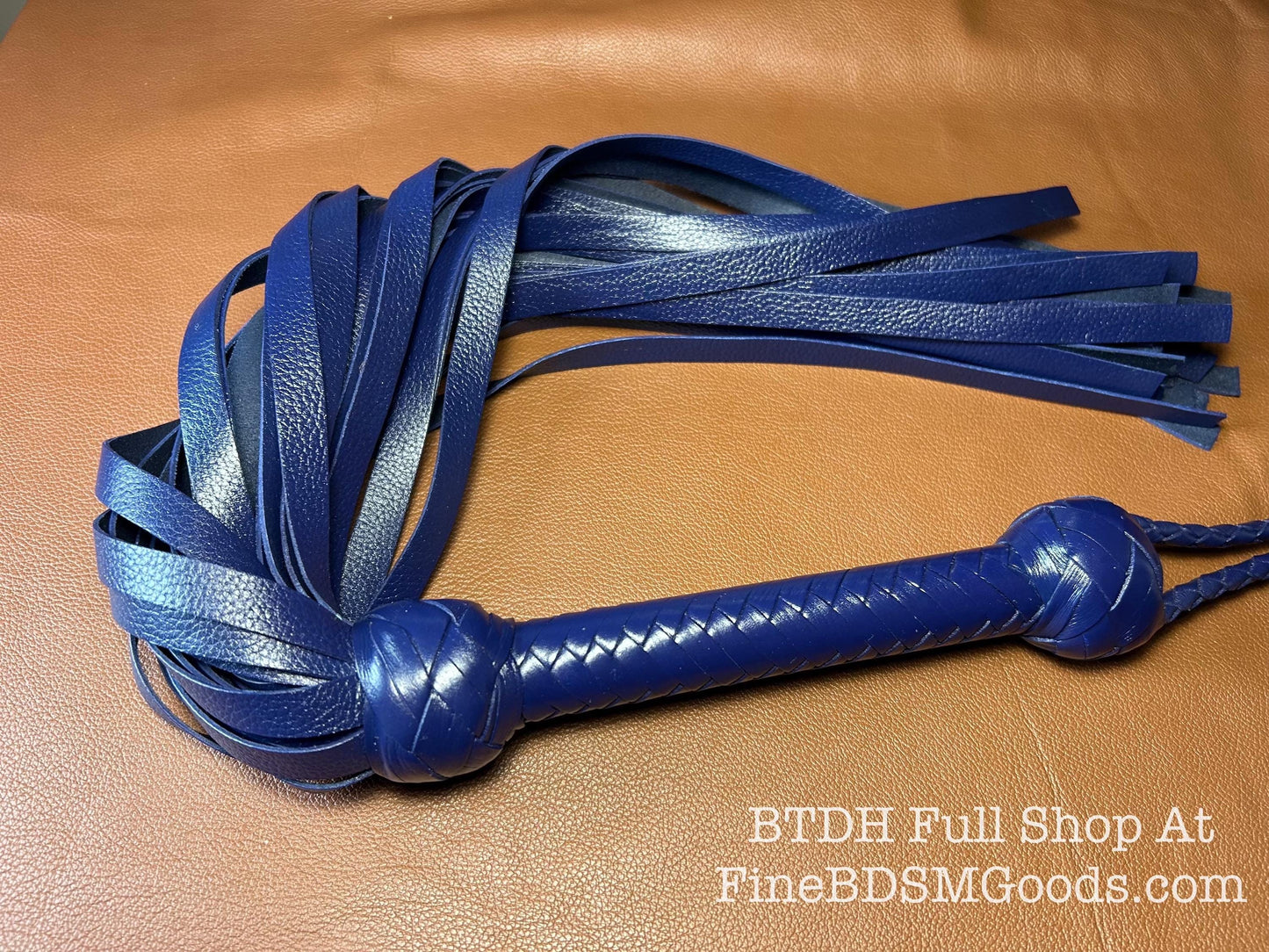 Classic Short Handle Flogger  Midnight Blue Lush Leather  Elegant Timeless Luxury  29 Inches