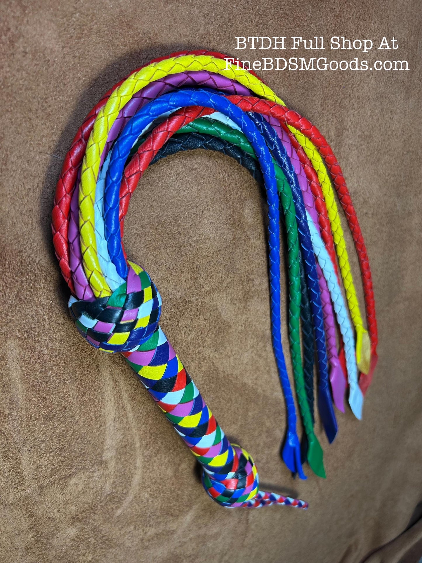 Cat Of Nine Tails  Short Handle  Rainbow  Vibrant Leather Colors  30 Inches  Cat O Nine Tails