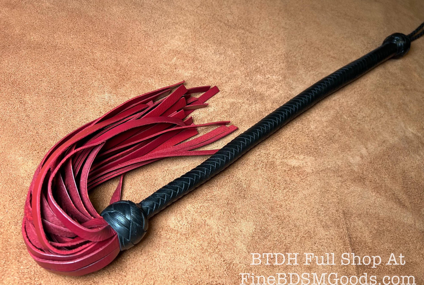 Lollipop Flogger - Two Color Long Handle Black Satin Aztec Red - Lush Rich Color Leather - 34 Inches