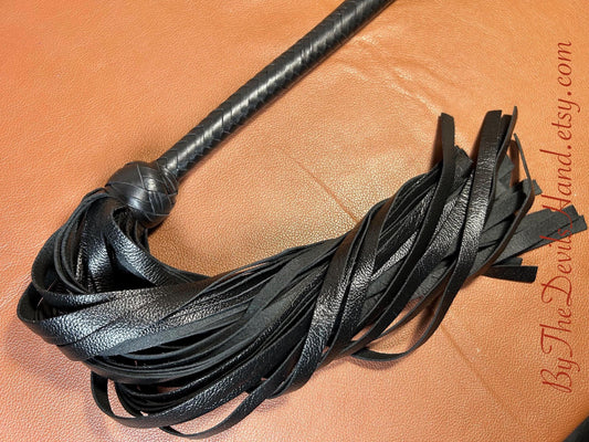 The Opus Flogger  Long Handle  Long Falls  Black Satin  Lush Rich Color Leather  34 Inches