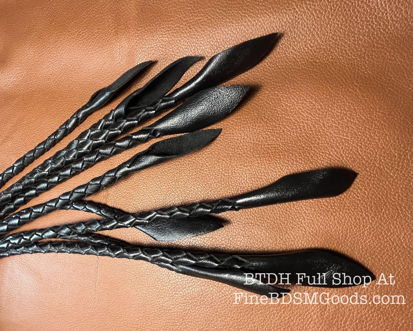 Cat Of Nine Tails  Short Handle  Black Satin  Lush Rich Color Leather  30 Inches  Cat O Nine Tails