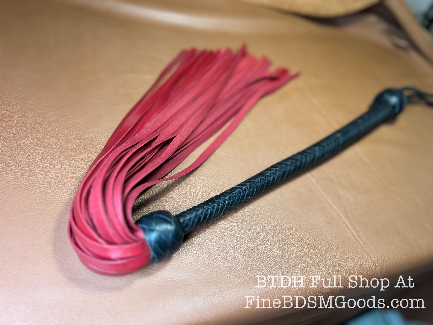 The Opus Flogger  Two Color Long Handle  Long Falls  Black Satin Aztec Red  Lush Rich Color Leather  34 Inches