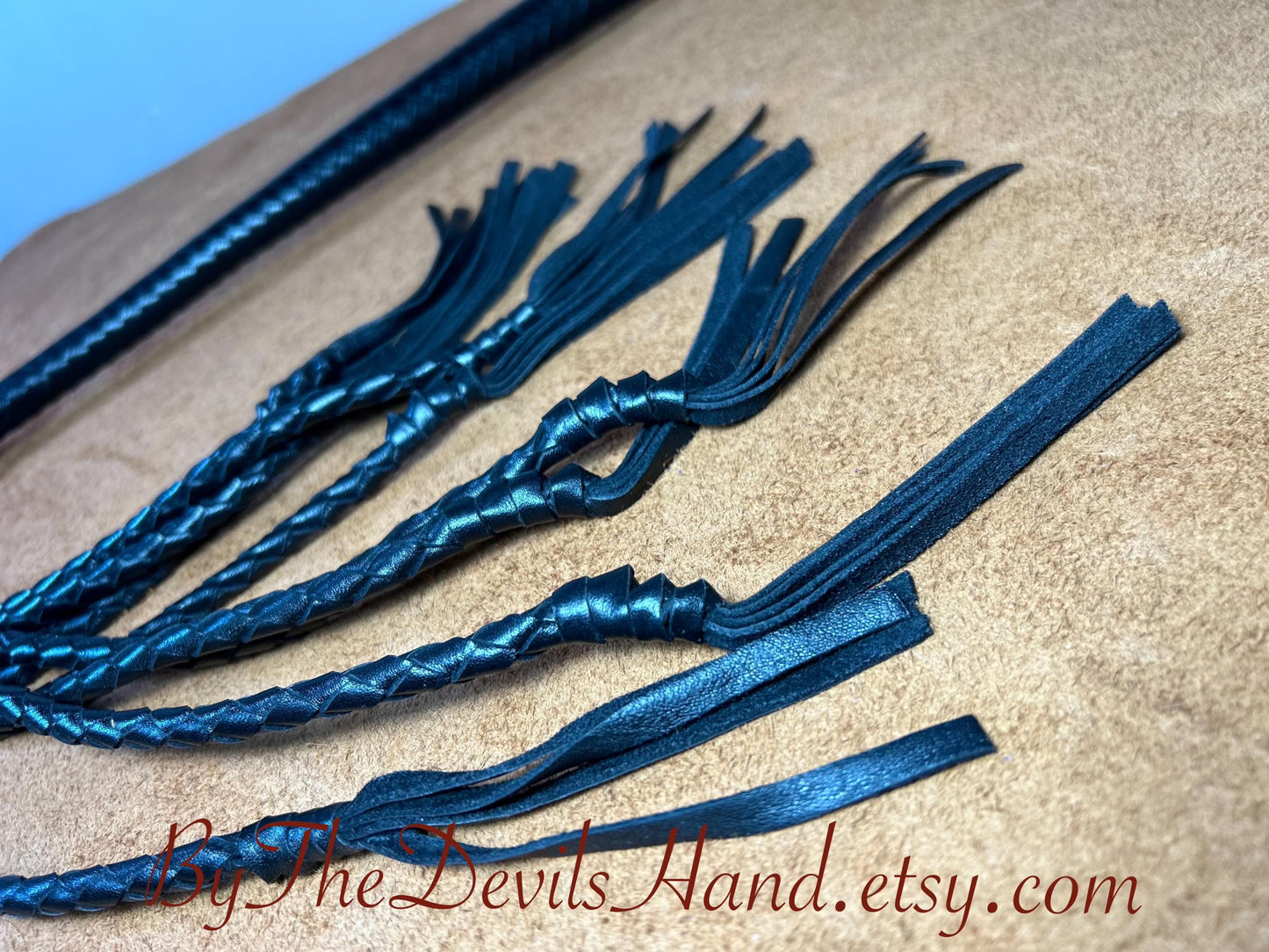 Cat Of Nine Tails  Long Handle  Black Satin  Lush Rich Color Leather  39 Inches  Cat O Nine Tails