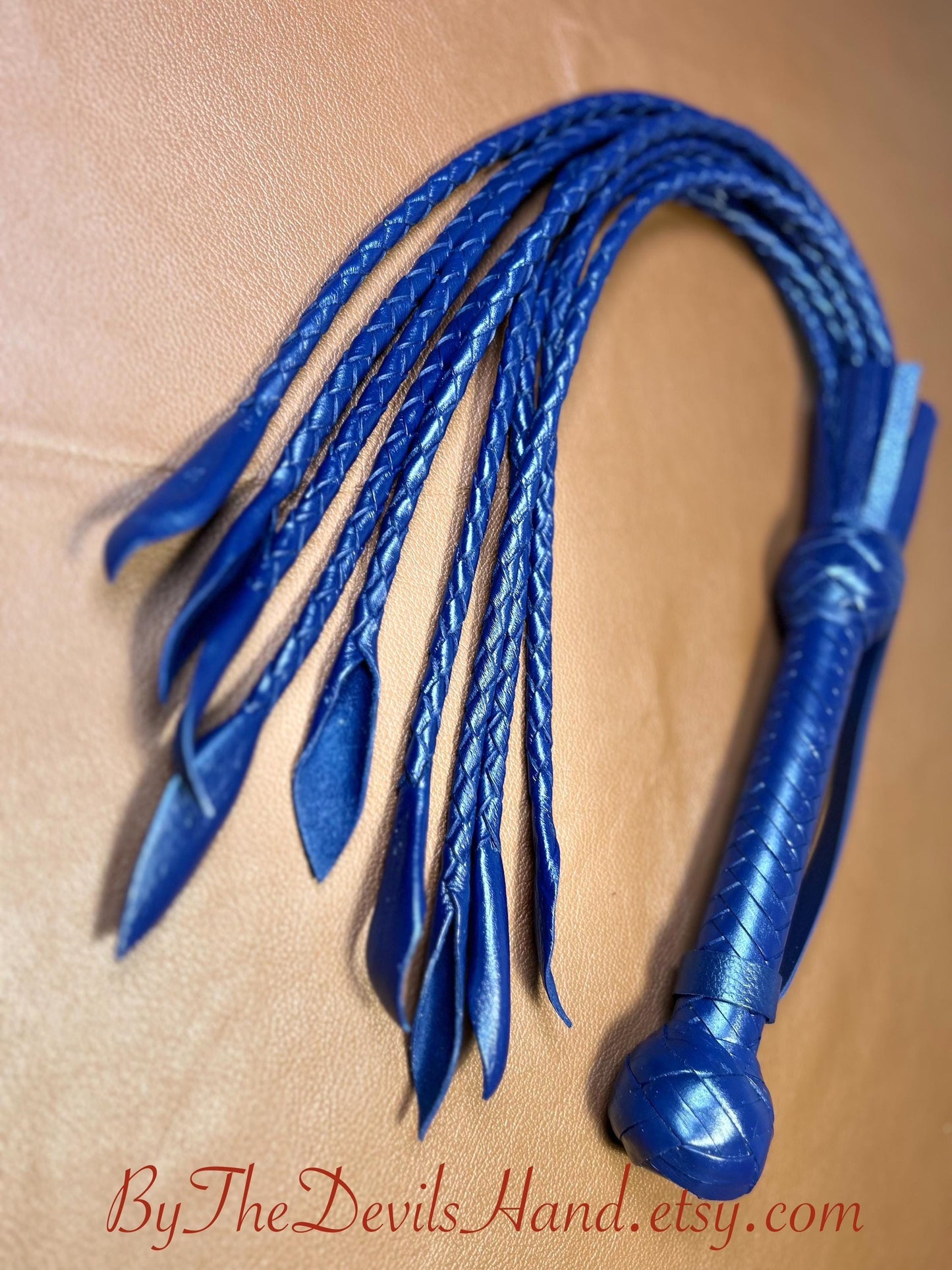 Cat Of Nine Tails  Short Handle  Midnight Blue  Lush Rich Color Leather  30 Inches  Cat O Nine Tails