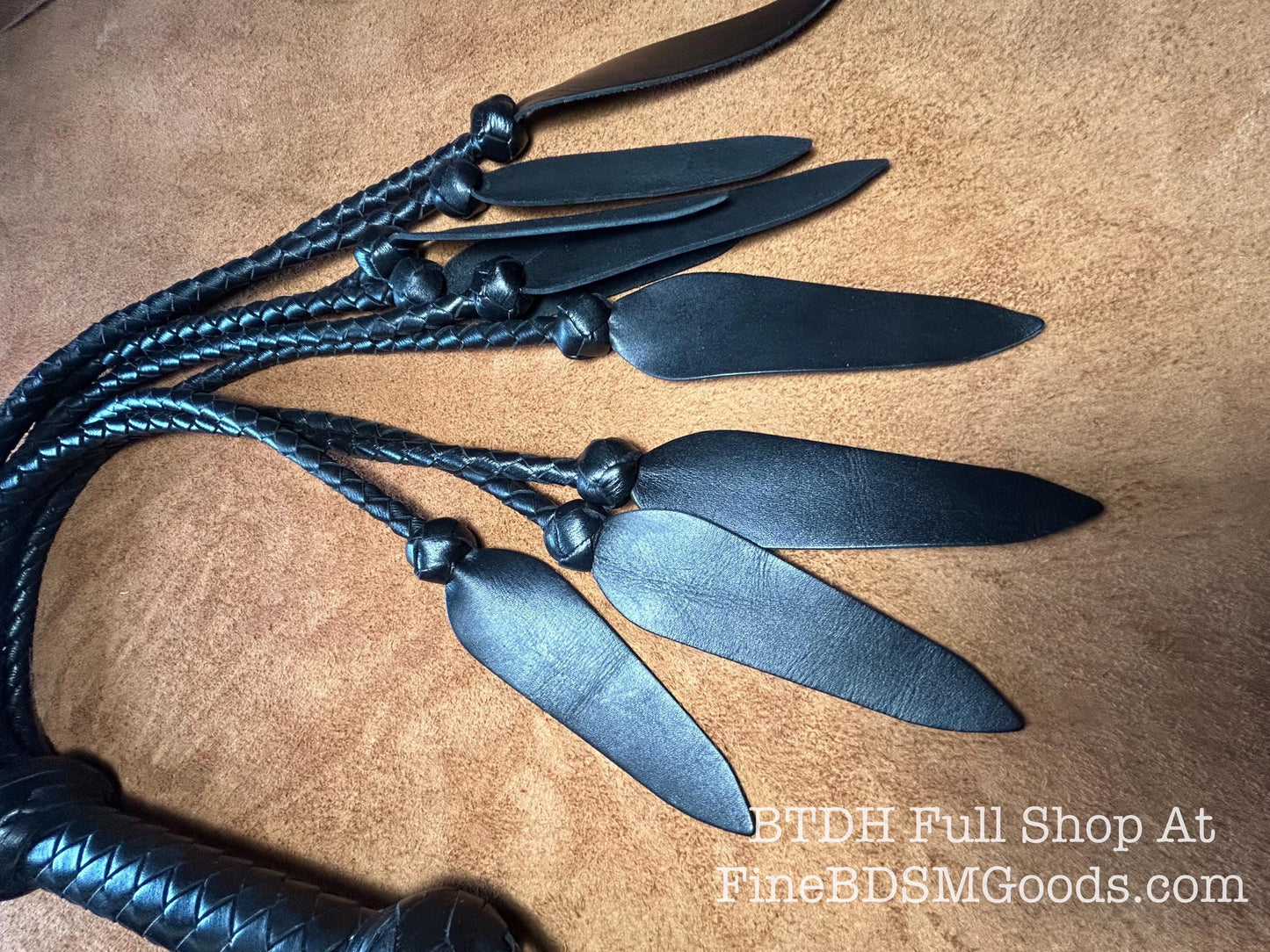 Dagger Tip Flogger  All Black Satin  Cat O Nine Tails  Wide Spade Shaped Tips  32 Inches