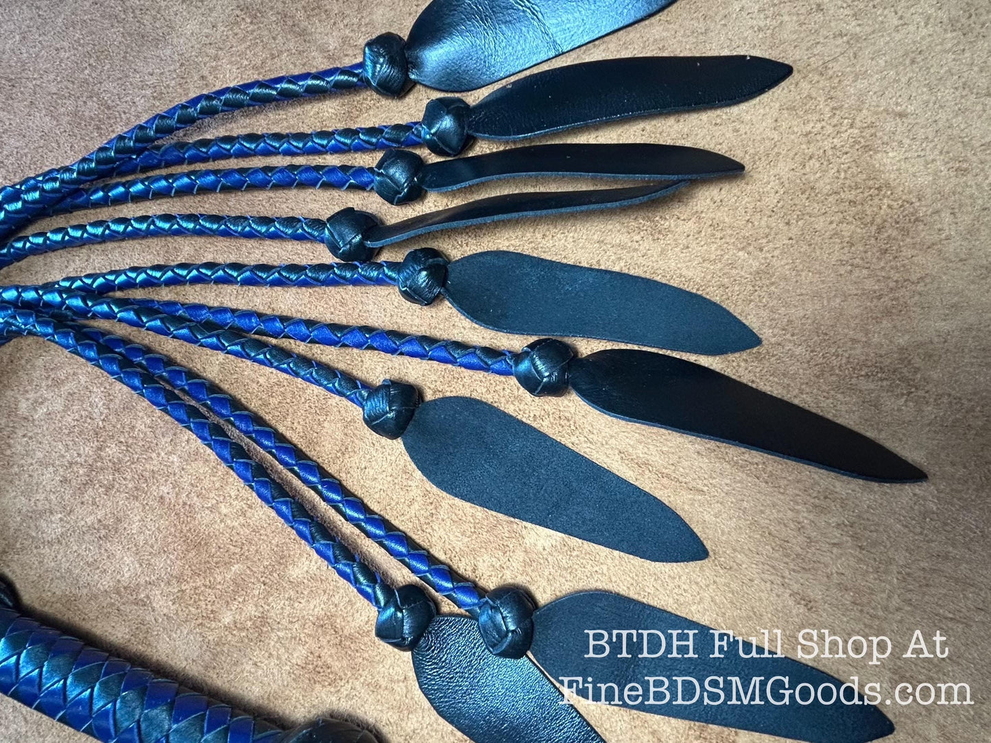 Dagger Tip Flogger  Two Color Midnight Blue Black Satin  Cat O Nine Tails  Wide Spade Shaped Tips  32 Inches