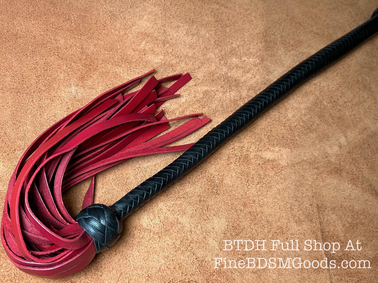 Lollipop Flogger - Two Color Long Handle Black Satin Aztec Red - Lush Rich Color Leather - 34 Inches