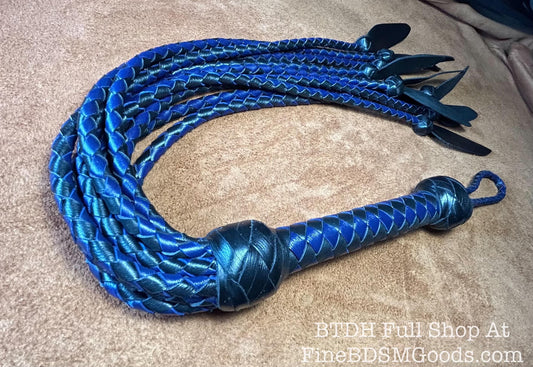 Dagger Tip Flogger  Two Color Midnight Blue Black Satin  Cat O Nine Tails  Wide Spade Shaped Tips  32 Inches