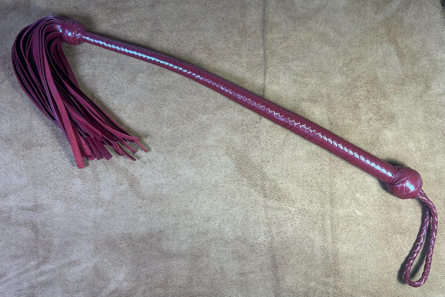 Lollipop Flogger - Long Handle Aztec Red - Lush Rich Color Leather - 34 Inches