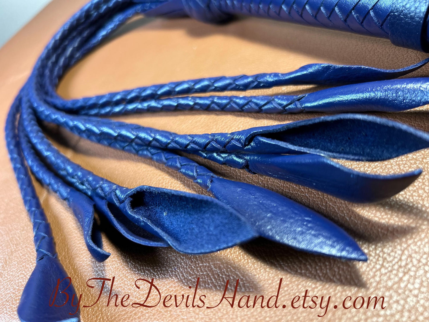 Cat Of Nine Tails  Short Handle  Midnight Blue  Lush Rich Color Leather  30 Inches  Cat O Nine Tails