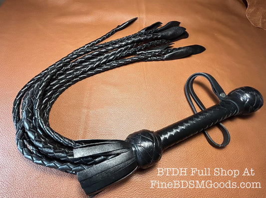 Cat Of Nine Tails  Short Handle  Black Satin  Lush Rich Color Leather  30 Inches  Cat O Nine Tails