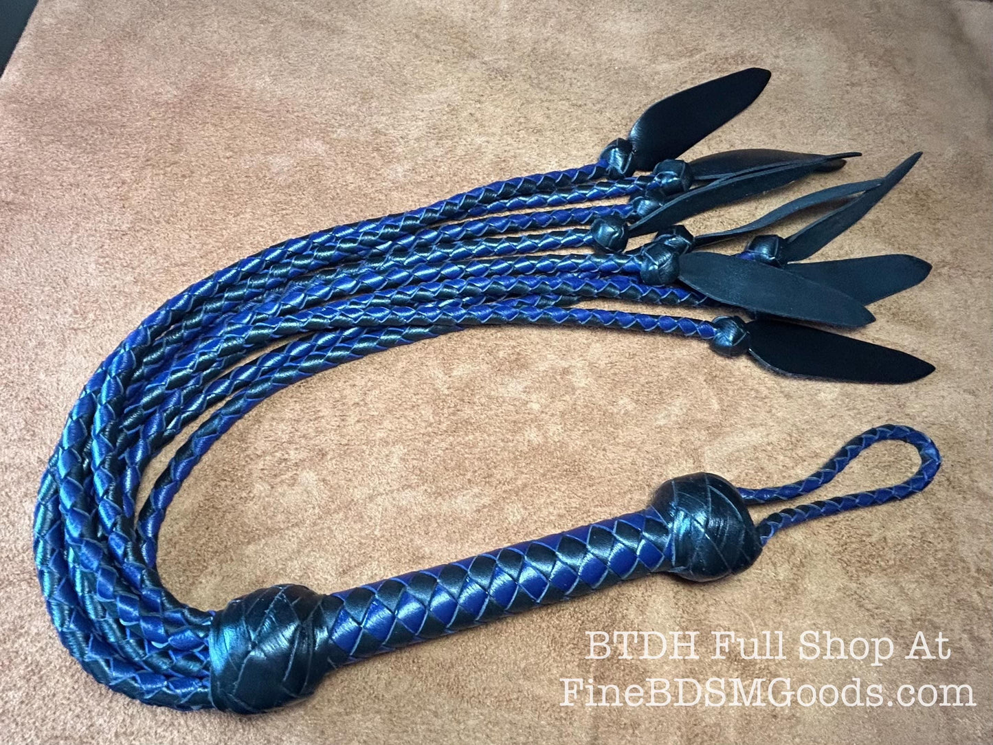 Dagger Tip Flogger  Two Color Midnight Blue Black Satin  Cat O Nine Tails  Wide Spade Shaped Tips  32 Inches