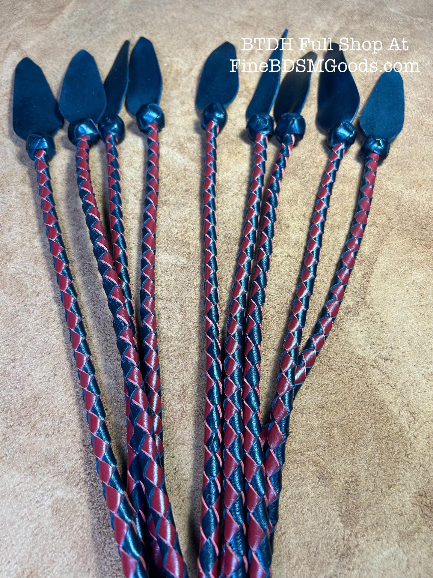 Dagger Tip Flogger  Two Color Aztec Red Black Satin  Cat O Nine Tails  Wide Spade Shaped Tips  32 Inches