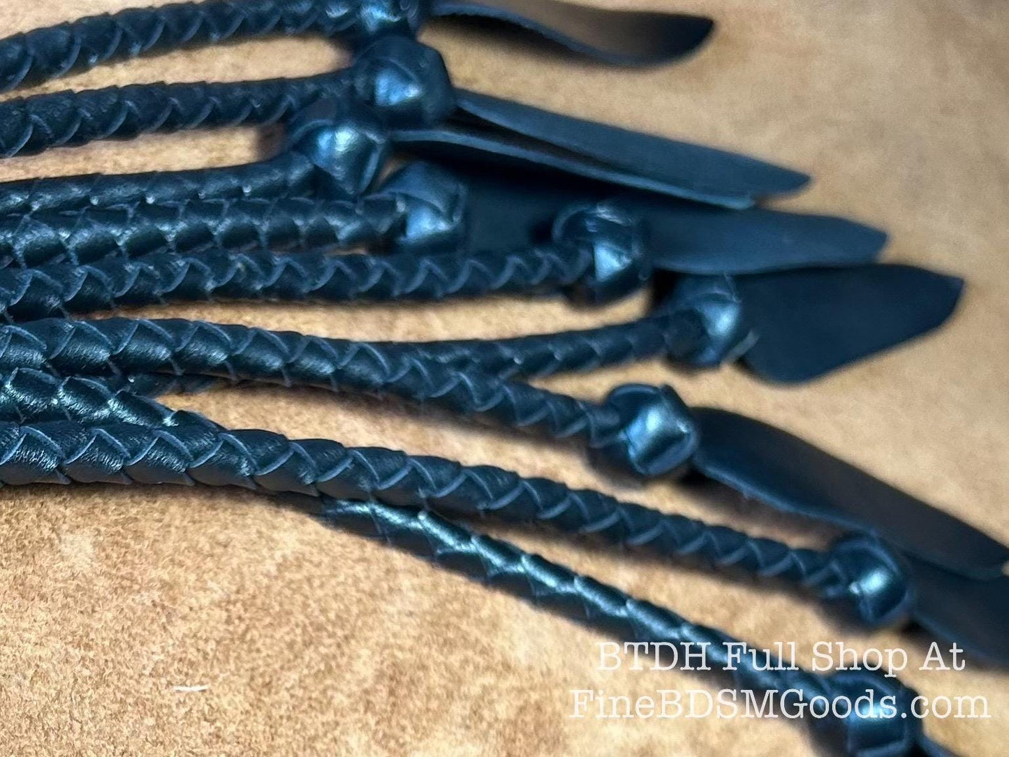 Dagger Tip Flogger  All Black Satin  Cat O Nine Tails  Wide Spade Shaped Tips  32 Inches