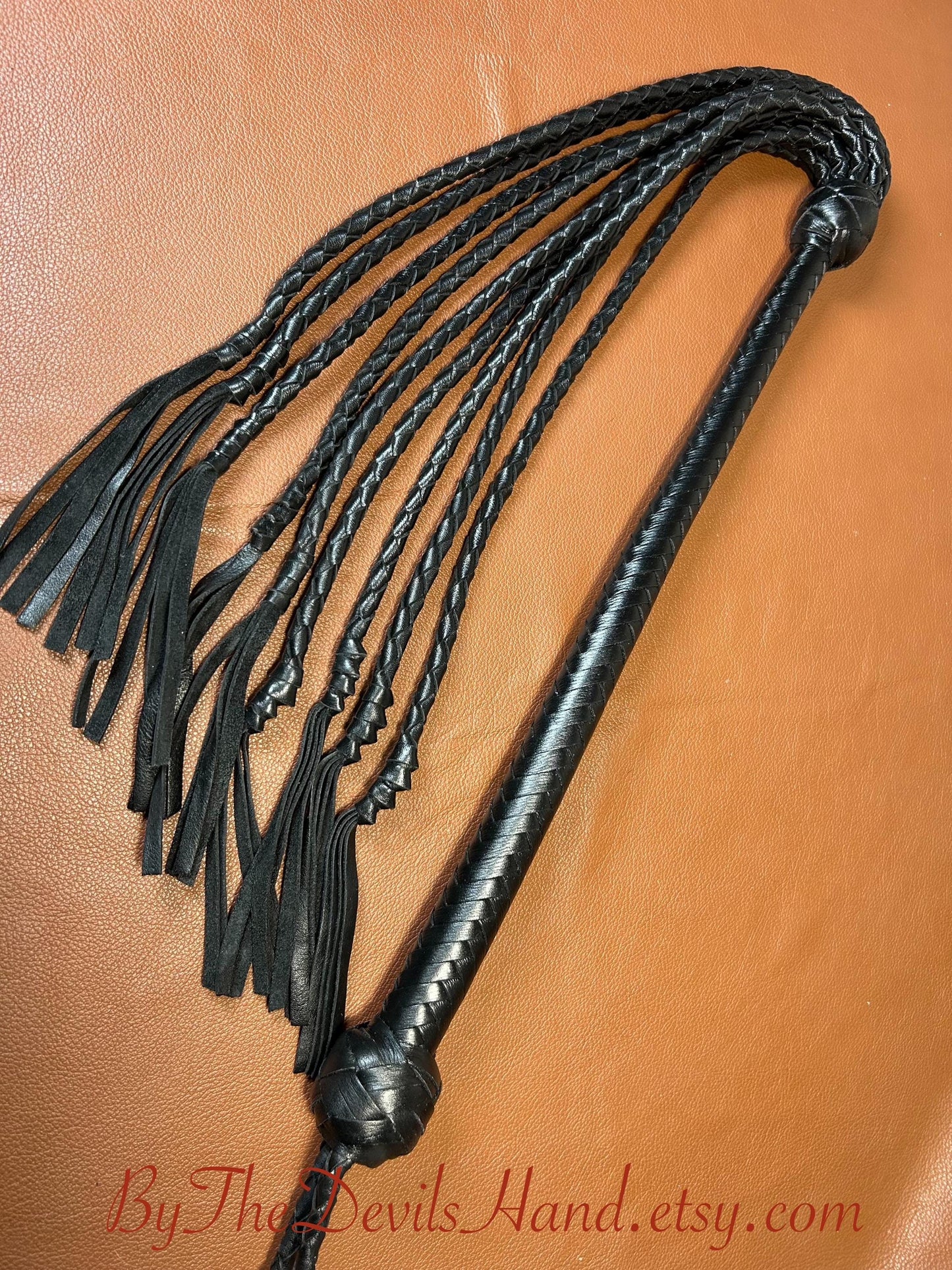 Cat Of Nine Tails  Long Handle  Black Satin  Lush Rich Color Leather  39 Inches  Cat O Nine Tails